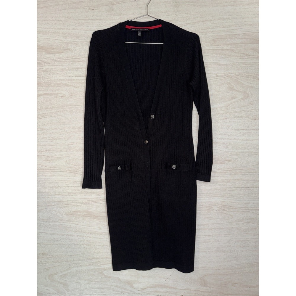 White House Black Market black cardigan Ribbed V Neck Pockets  Cardigan Sz Sm